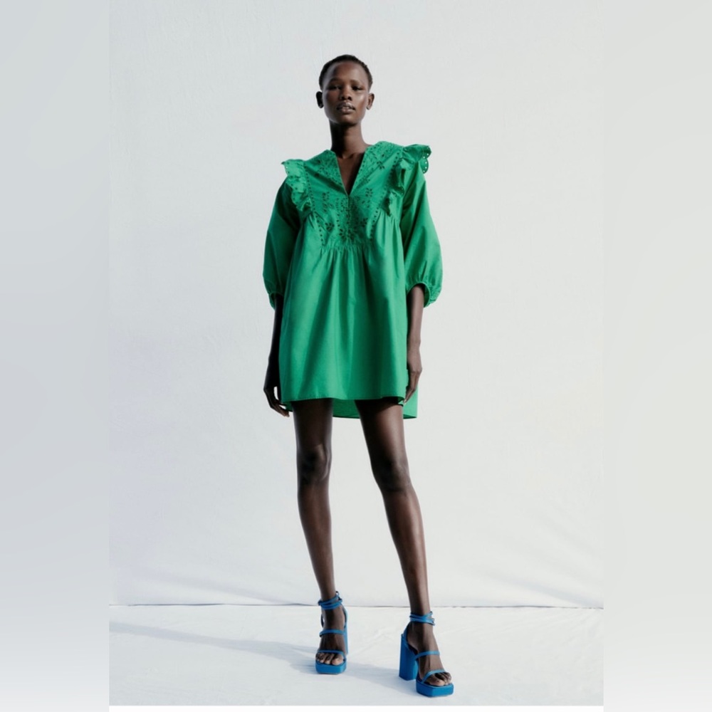 Brand New Zara Flounced Embroidered Poplin Dress